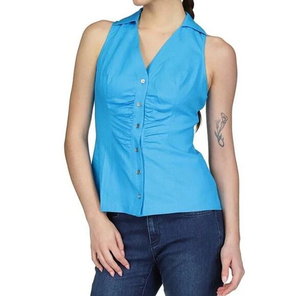 Michael Kors Womens Collar Halter Sleeveless Summer Top Blue Linen Size L - Picture 1 of 9